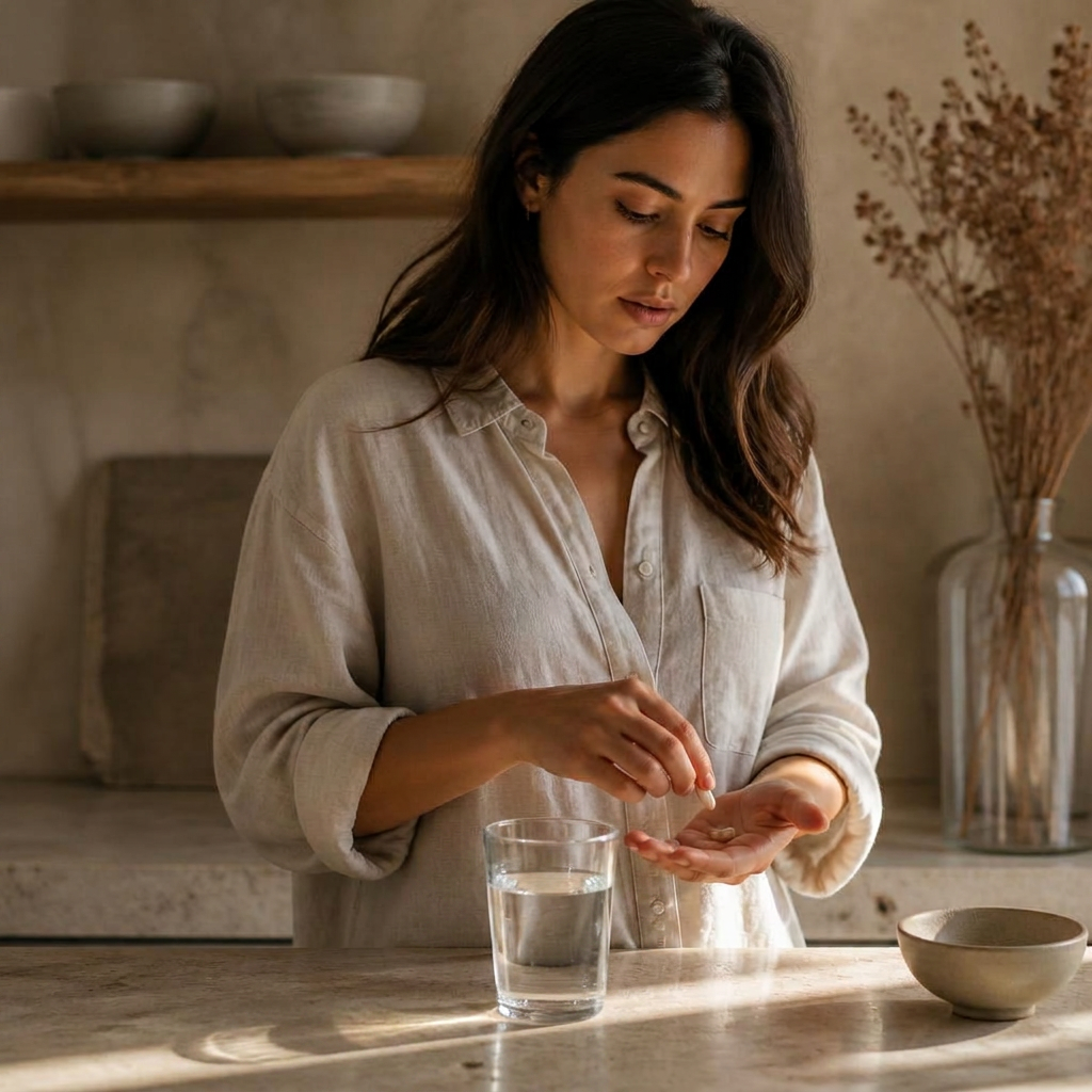 A woman taking her daily VERAE capsules at a sunlit stone kitchen counter